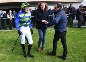 WARRNAMBOOL, AUSTRALIA - MAY 04: Steven Pateman with Trainer Ciaron Maher and Declan Maher before winning Race 2, the Cally Hotel Maiden Hurdle, on Brierly Day during the Warrnambool Jumps Carnival at Warrnambool Racing Club on May 04, 2021 in Warrnambool, Australia. (Photo by Vince Caligiuri/Getty Images)