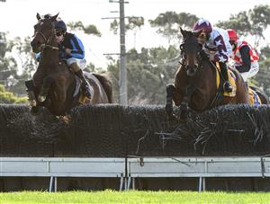 WARRNAMBOOL, AUSTRALIA - MAY 04: Darryl Horner jnr riding Flying Agent defeats Steven Pateman riding Bit of a Lad in Race 6, the 3yb Scotty Stewart Brierly Steeplechase, on Brierly Day during the Warrnambool Jumps Carnival at Warrnambool Racing Club on May 04, 2021 in Warrnambool, Australia. (Photo by Vince Caligiuri/Getty Images)