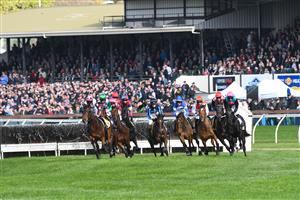 WARRNAMBOOL, AUSTRALIA - MAY 04: Darryl Horner jnr riding Flying Agent (ctr) in the first lap before winning in Race 6, the 3yb Scotty Stewart Brierly Steeplechase, on Brierly Day during the Warrnambool Jumps Carnival at Warrnambool Racing Club on May 04, 2021 in Warrnambool, Australia. (Photo by Vince Caligiuri/Getty Images)