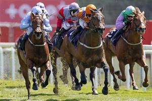 CHESTER, ENGLAND - MAY 06: Jason Hart riding Jabbarockie (orange) win The Satchell Moran Solicitors Business Interruption Claims Handicap at Chester Racecourse on May 06, 2021 in Chester, England. Only owners are allowed to attend the meeting but the public must wait until further restrictions are lifted. (Photo by Alan Crowhurst/Getty Images)