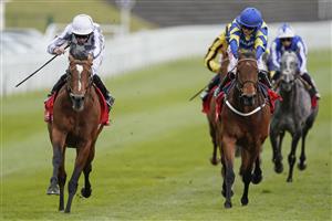 CHESTER, ENGLAND - MAY 06: Ryan Moore riding Japan (L) win The tote+ Pays You More At tote.co.uk Ormonde Stakes at Chester Racecourse on May 06, 2021 in Chester, England. Only owners are allowed to attend the meeting but the public must wait until further restrictions are lifted. (Photo by Alan Crowhurst/Getty Images)