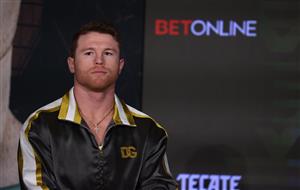 ARLINGTON, TEXAS - MAY 06: Canelo Alvarez looks on against Billy Joe Saunders during the press conference for Alvarez's WBC and WBA super middleweight titles and Saunders' WBO super middleweight title at Live! by Loews hotel on May 06, 2021 in Arlington, Texas. (Getty Images)