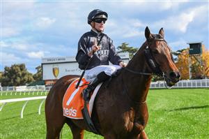 MELBOURNE, AUSTRALIA - MAY 08: Jockey Daniel Stackhouse rides Ruby Skye after winning Race 3, the Cameron Plant Memorial Handicap, during Melbourne Racing at Caulfield Racecourse on May 08, 2021 in Melbourne, Australia. (Photo by Vince Caligiuri/Getty Images)