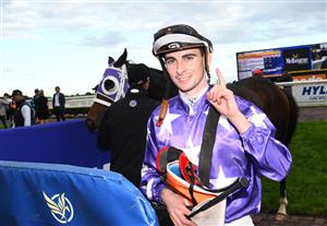 MELBOURNE, AUSTRALIA - MAY 08: Teodore Nugent after riding Rousseau to win Race 7, the Rod Fenwick Handicap, during Melbourne Racing at Caulfield Racecourse on May 08, 2021 in Melbourne, Australia. (Photo by Vince Caligiuri/Getty Images)