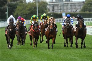 MELBOURNE, AUSTRALIA - MAY 08: Jockey Daniel Stackhouse rides Ruby Skye (r) defeats Lachlan King riding No Effort in Race 3, the Cameron Plant Memorial Handicap, during Melbourne Racing at Caulfield Racecourse on May 08, 2021 in Melbourne, Australia. (Photo by Vince Caligiuri/Getty Images)