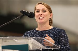 SYDNEY, AUSTRALIA - MAY 13: Chef de Mission, Australian Paralympic Team Kate McLoughlin speaks during the Australian 2020 Tokyo Olympic Games Swimming Uniform Launch at Sydney Olympic Park Aquatic Centre on May 13, 2021 in Sydney, Australia. (Photo by Cameron Spencer/Getty Images)