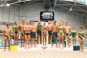 SYDNEY, AUSTRALIA - MAY 13: Australian divers and swimmers pose during the Australian 2020 Tokyo Olympic Games Swimming Uniform Launch at Sydney Olympic Park Aquatic Centre on May 13, 2021 in Sydney, Australia. (Photo by Cameron Spencer/Getty Images)