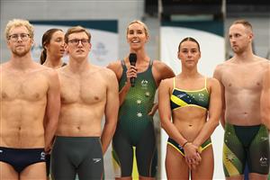 SYDNEY, AUSTRALIA - MAY 13: Australian swimmer Emma McKeon speaks during the Australian 2020 Tokyo Olympic Games Swimming Uniform Launch at Sydney Olympic Park Aquatic Centre on May 13, 2021 in Sydney, Australia. (Photo by Cameron Spencer/Getty Images)