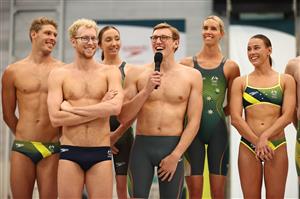 SYDNEY, AUSTRALIA - MAY 13: Australian swimmer Mack Horton speaks during the Australian 2020 Tokyo Olympic Games Swimming Uniform Launch at Sydney Olympic Park Aquatic Centre on May 13, 2021 in Sydney, Australia. (Photo by Cameron Spencer/Getty Images)