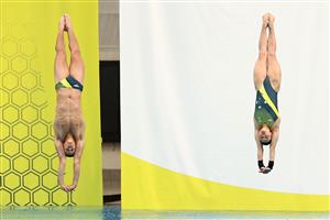 SYDNEY, AUSTRALIA - MAY 13: Australian divers Sam Fricker and Melissa Wu dive during the Australian 2020 Tokyo Olympic Games Swimming Uniform Launch at Sydney Olympic Park Aquatic Centre on May 13, 2021 in Sydney, Australia. (Photo by Cameron Spencer/Getty Images)