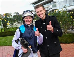 MELBOURNE, AUSTRALIA - MAY 15: Trainer Clayton Douglas poses with Luke Nolen after Mimosas won Race 1, the Celebrating 20 Years Of The Arhof, during Melbourne Racing at Flemington Racecourse on May 15, 2021 in Melbourne, Australia. (Photo by Vince Caligiuri/Getty Images)