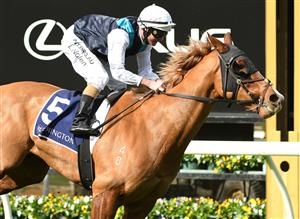 MELBOURNE, AUSTRALIA - MAY 15: Luke Nolen riding Mimosas winning Race 1, the Celebrating 20 Years Of The Arhof, during Melbourne Racing at Flemington Racecourse on May 15, 2021 in Melbourne, Australia. (Photo by Vince Caligiuri/Getty Images)