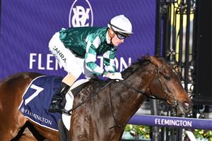 MELBOURNE, AUSTRALIA - MAY 15: Mark Zahra riding Yulong January winning Race 8, the Congratulations Arhof Inductees, during Melbourne Racing at Flemington Racecourse on May 15, 2021 in Melbourne, Australia. (Photo by Vince Caligiuri/Getty Images)