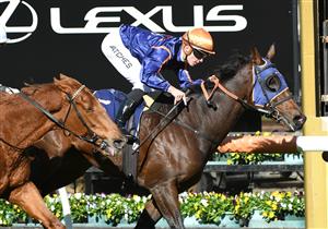 MELBOURNE, AUSTRALIA - MAY 15: Patrick Moloney riding Declares War winning Race 4, the Australian Racing Hall Of Fame Trophy, during Melbourne Racing at Flemington Racecourse on May 15, 2021 in Melbourne, Australia. (Photo by Vince Caligiuri/Getty Images)