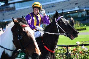 MELBOURNE, AUSTRALIA - MAY 22: Brett Prebble after riding Mongolian Marshal to win Race 2, the Tab Supports National Jockeys Trust, during Melbourne Racing at Flemington Racecourse on May 22, 2021 in Melbourne, Australia. (Photo by Vince Caligiuri/Getty Images)