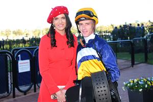 MELBOURNE, AUSTRALIA - MAY 22: Trainer Natalie Young and Daniel Moor after Blushing Tycoon won Race 3, theRacing.com Plate, during Melbourne Racing at Flemington Racecourse on May 22, 2021 in Melbourne, Australia. (Photo by Vince Caligiuri/Getty Images)