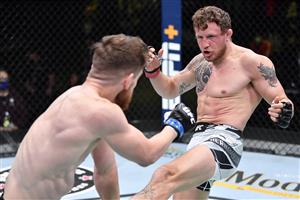LAS VEGAS, NEVADA - MAY 22: In this handout image provided by UFC, (R-L) Jack Hermansson of Norway kicks Edmen Shahbazyan in their middleweight bout during the UFC Fight Night event at UFC APEX on May 22, 2021 in Las Vegas, Nevada. (Getty Images)