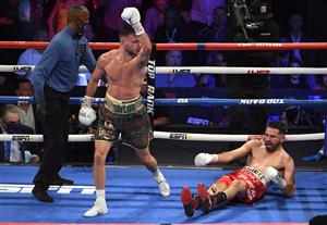 LAS VEGAS, NEVADA - MAY 22: Josh Taylor reacts after knocking down Jose Ramirez during their junior welterweight world unification title fight at Virgin Hotels Las Vegas on May 22, 2021 in Las Vegas, Nevada. Taylor won by unanimous decision. (Getty Images)