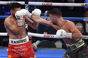 LAS VEGAS, NEVADA - MAY 22: Josh Taylor (R) and Jose Ramirez battle during their junior welterweight world unification title fight at Virgin Hotels Las Vegas on May 22, 2021 in Las Vegas, Nevada. Taylor won by unanimous decision. (Getty Images)