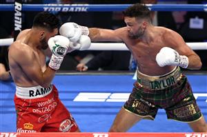 LAS VEGAS, NEVADA - MAY 22: Josh Taylor (R) and Jose Ramirez battle during their junior welterweight world unification title fight at Virgin Hotels Las Vegas on May 22, 2021 in Las Vegas, Nevada. Taylor won by unanimous decision. (Getty Images)
