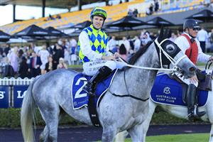 SYDNEY, AUSTRALIA - MAY 22: Tommy Berry on Polly Grey returns to scale after winning race 7 the Lord Mayors Cup during Sydney Racing at Rosehill Gardens on May 22, 2021 in Sydney, Australia. (Photo by Mark Evans/Getty Images)
