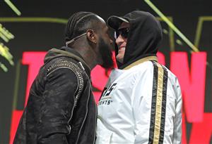 US boxer Deontay Wilder (L) and British boxer Tyson Fury get into an altercation during their press conference February 19, 2020 at the MGM Grand Las Vegas in Las Vegas, Nevada. - The boxers will fight for the World Boxing Council (WBC) Heavyweight Championship Title on February 22, 2020 at the MGM Grand Garden Arena in Las Vegas. (Getty Images)