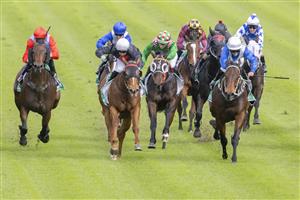 SYDNEY, AUSTRALIA - MAY 29: Jordan Mallyon (black, white cap) on Swagger wins race 2 the Tab Highway Class 3 Handicap during Sydney Racing at Royal Randwick Racecourse on May 29, 2021 in Sydney, Australia. (Photo by Jenny Evans/Getty Images)