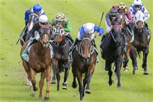 SYDNEY, AUSTRALIA - MAY 29: Jordan Mallyon (black, white cap) on Swagger wins race 2 the Tab Highway Class 3 Handicap during Sydney Racing at Royal Randwick Racecourse on May 29, 2021 in Sydney, Australia. (Photo by Jenny Evans/Getty Images)
