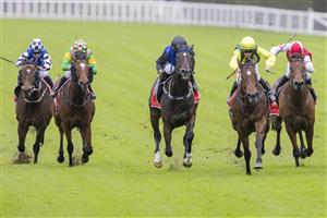 SYDNEY, AUSTRALIA - MAY 29: Jay Ford (yellow cap) on Adelong wins race 6 the Fujitsu General Handicap during Sydney Racing at Royal Randwick Racecourse on May 29, 2021 in Sydney, Australia. (Photo by Jenny Evans/Getty Images)