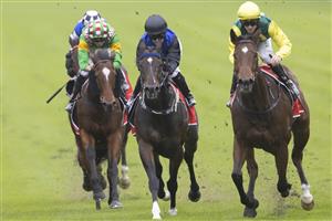 SYDNEY, AUSTRALIA - MAY 29: Jay Ford (yellow cap) on Adelong wins race 6 the Fujitsu General Handicap during Sydney Racing at Royal Randwick Racecourse on May 29, 2021 in Sydney, Australia. (Photo by Jenny Evans/Getty Images)