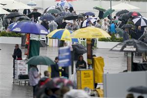 EPSOM, ENGLAND - JUNE 04: A wet day at Epsom Racecourse on June 04, 2021 in Epsom, England. Due to the Coronavirus pandemic only owners along with a limited number of the paying public will be allowed to attend the meeting. (Photo by Alan Crowhurst/Getty Images)