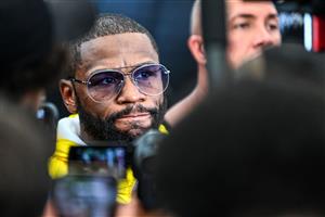 Former world welterweight king Floyd Mayweather speaks to the press during the media availability ahead of his June 6 exhibition boxing match against YouTube personality Logan Paul, on June 3, 2021 at Villa Casa Casuarina at the former Versace Mansion in Miami Beach, on June 3, 2021. (Getty Images)