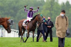 EPSOM, ENGLAND - JUNE 04: Jockey Frankie Dettori celebrates after winning the Cazoo Oaks (Fillies' Group 1) (British Champions Series) race with Snowfall at Epsom Racecourse on June 4, 2021 in Epsom, England. (Photo by John Walton - Pool/Getty Images)