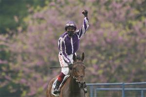 EPSOM, ENGLAND - JUNE 04: Frankie Dettori celebrates after riding Snowfall to win The Cazoo Oaks by sixteen lengths at Epsom Racecourse on June 04, 2021 in Epsom, England. Due to the Coronavirus pandemic only owners along with a limited number of the paying public will be allowed to attend the meeting. (Photo by Alan Crowhurst/Getty Images)