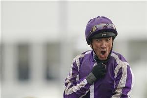 EPSOM, ENGLAND - JUNE 04: Frankie Dettori celebrates after riding Snowfall to win The Cazoo Oaks by sixteen lengths at Epsom Racecourse on June 04, 2021 in Epsom, England. Due to the Coronavirus pandemic only owners along with a limited number of the paying public will be allowed to attend the meeting. (Photo by Alan Crowhurst/Getty Images)