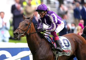 EPSOM, ENGLAND - JUNE 04: Snowfall ridden by Frankie Dettori wins the Cazoo Oaks (Fillies' Group 1) (British Champions Series) race at Epsom Racecourse on June 4, 2021 in Epsom, England. (Photo by John Walton - Pool/Getty Images)