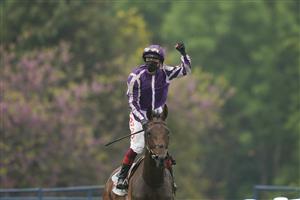 EPSOM, ENGLAND - JUNE 04: Frankie Dettori celebrates after riding Snowfall to win The Cazoo Oaks by sixteen lengths at Epsom Racecourse on June 04, 2021 in Epsom, England. Due to the Coronavirus pandemic only owners along with a limited number of the paying public will be allowed to attend the meeting. (Photo by Alan Crowhurst/Getty Images)