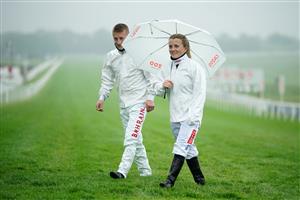 EPSOM, ENGLAND – JUNE 4: Recently engaged jockeys Tom Marquand and Hollie Doyle during day one of the Cazoo Derby Festival at Epsom Racecourse on June 4, 2021 in Epsom, England. (Photo by John Walton-Pool/Getty Images)