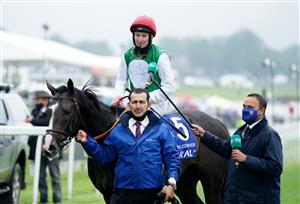 EPSOM, ENGLAND - JUNE 04: Pyledriver and jockey Martin Dwyer after winning the Coral Coronation Cup at Epsom Racecourse on June 4, 2021 in Epsom, England. (Photo by John Walton - Pool/Getty Images)