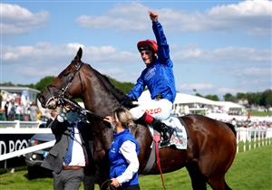 EPSOM, ENGLAND - JUNE 05: Adam Kirby celebrates on top of Adayar after winning the Cazoo Derby during day two of the Cazoo Derby Festival at Epsom Racecourse on June 5, 2021 in Epsom, England. (Photo by John Walton-Pool/Getty Images)
