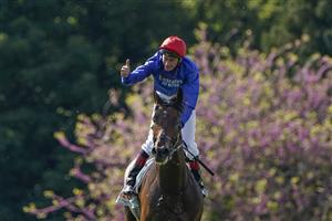 EPSOM, ENGLAND - JUNE 05: Adam Kirby celebrates after riding Adayar to win The Cazoo Derby at Epsom Racecourse on June 05, 2021 in Epsom, England. Due to the Coronavirus pandemic, only owners along with a limited number of the paying public will be allowed to attend the meeting. (Photo by Alan Crowhurst/Getty Images)