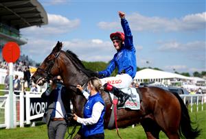 EPSOM, ENGLAND - JUNE 05: Adam Kirby celebrates on top of Adayar after winning the Cazoo Derby during day two of the Cazoo Derby Festival at Epsom Racecourse on June 5, 2021 in Epsom, England. (Photo by John Walton-Pool/Getty Images)