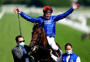 EPSOM, ENGLAND - JUNE 05: Adam Kirby celebrates on top of Adayar after winning the Cazoo Derby during day two of the Cazoo Derby Festival at Epsom Racecourse on June 5, 2021 in Epsom, England. (Photo by John Walton-Pool/Getty Images)