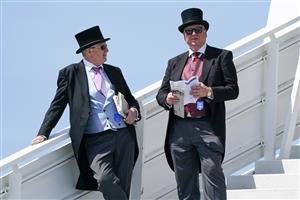 EPSOM, ENGLAND - JUNE 05: Morning suits for two gentlmen at Epsom Racecourse on June 05, 2021 in Epsom, England. Due to the Coronavirus pandemic, only owners along with a limited number of the paying public will be allowed to attend the meeting. (Photo by Alan Crowhurst/Getty Images)