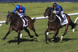 SYDNEY, AUSTRALIA - JUNE 05: Sam Clipperton (R) on Shadow Crush wins race 5 the Acy Securities Handicap during Sydney Racing at Rosehill Gardens on June 05, 2021 in Sydney, Australia. (Photo by Jenny Evans/Getty Images)