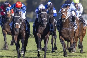 SYDNEY, AUSTRALIA - JUNE 05: Tommy Berry (black cap) on Great House wins race 6 the The Agency Real Estate Handicap during Sydney Racing at Rosehill Gardens on June 05, 2021 in Sydney, Australia. (Photo by Jenny Evans/Getty Images)