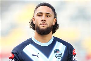 TOWNSVILLE, AUSTRALIA - JUNE 08: Keaon Koloamatangi watches on during a New South Wales Blues State of Origin training session at Queensland Country Bank Stadium on June 08, 2021 in Townsville, Australia. (Photo by Mark Kolbe/Getty Images)