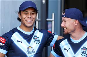 TOWNSVILLE, AUSTRALIA - JUNE 08: Jerome Luai and Damien Cook share a laugh as they walk out onto the field during a New South Wales Blues State of Origin training session at Queensland Country Bank Stadium on June 08, 2021 in Townsville, Australia. (Photo by Mark Kolbe/Getty Images)