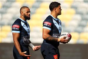 TOWNSVILLE, AUSTRALIA - JUNE 08: Josh Addo-Carr gestures to Latrell Mitchell during a New South Wales Blues State of Origin training session at Queensland Country Bank Stadium on June 08, 2021 in Townsville, Australia. (Photo by Mark Kolbe/Getty Images)