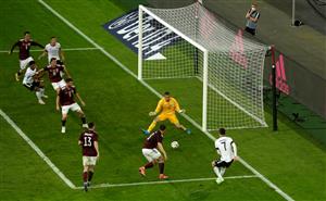 DUESSELDORF, GERMANY - JUNE 07: Kai Havertz of Germany scores their sides fourth goal Roberts Ozols of Latvia during the international friendly match between Germany and Latvia at Merkur Spiel-Arena on June 07, 2021 in Duesseldorf, Germany. (Getty Images)